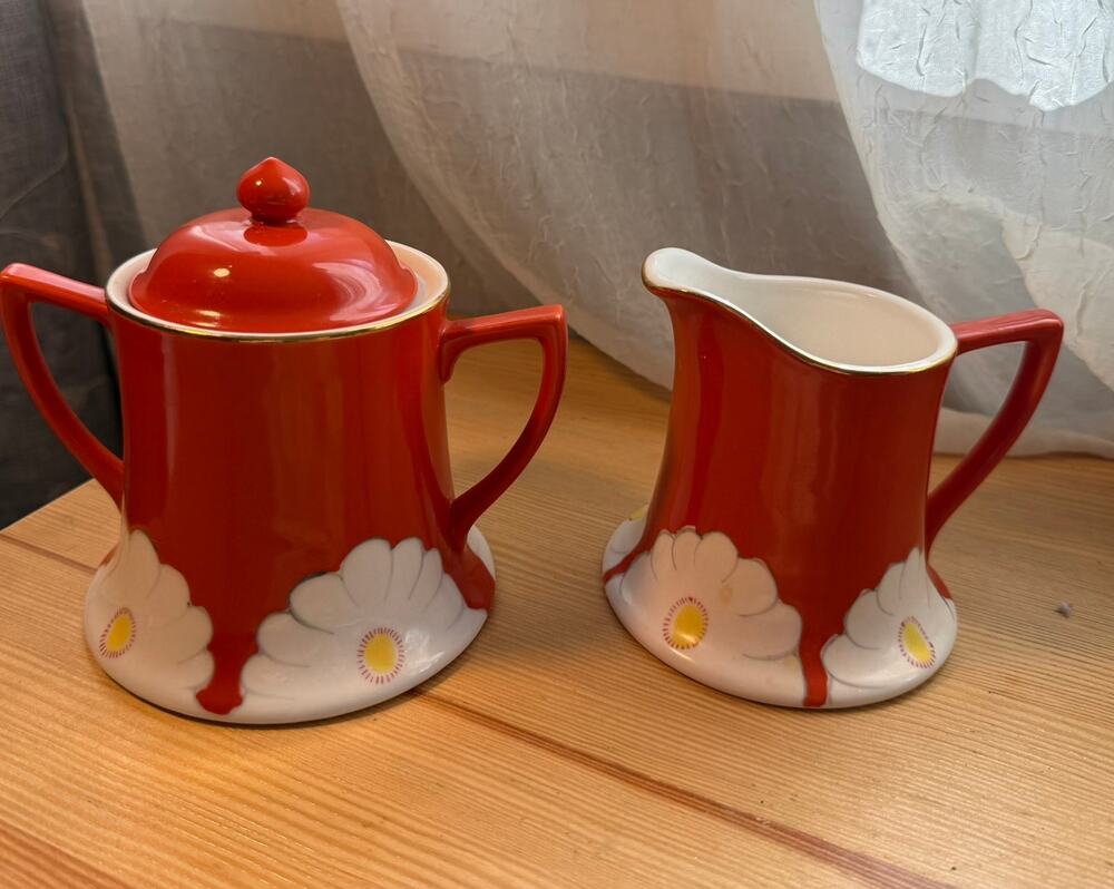 Anthropologie Grace Sugar & Creamer Set Red Floral Ceramic